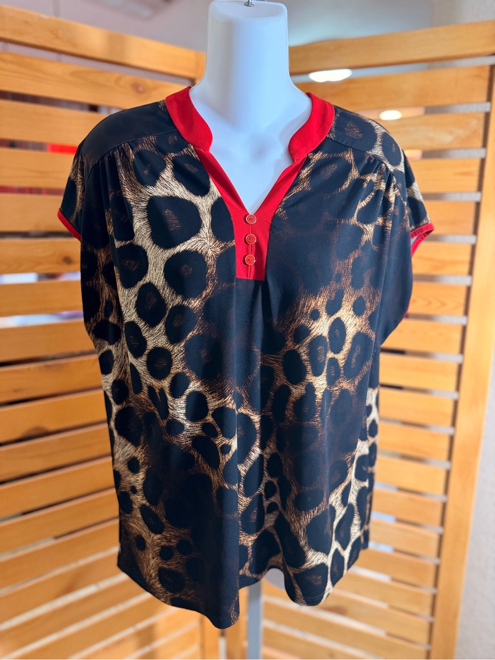 Leopard Print V-Neck Blouse with Red Trim